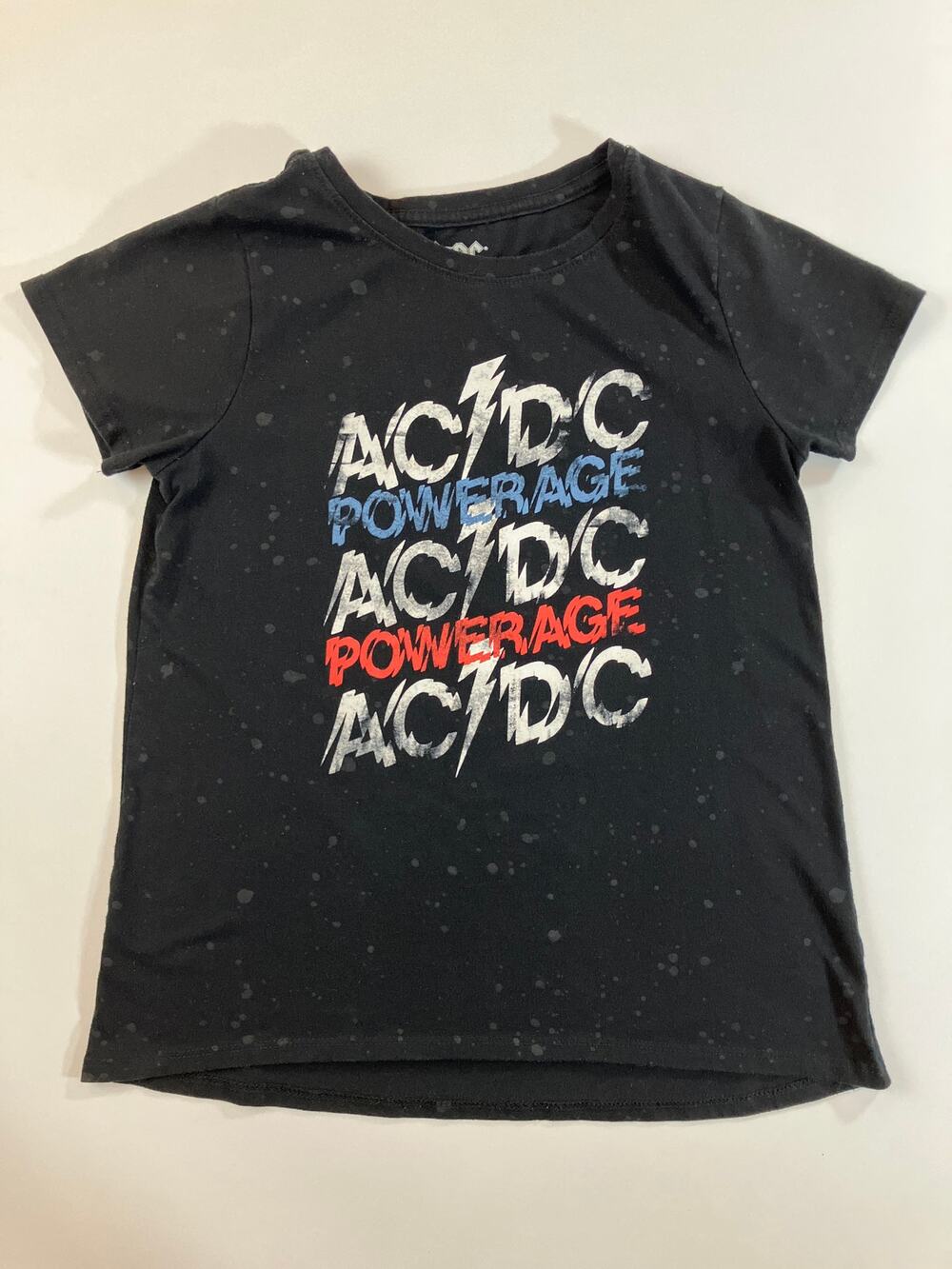 AC/DC Powerage Girls XL 14/16 Black Bleach Splatter Band T Shirt 2020 Licensed